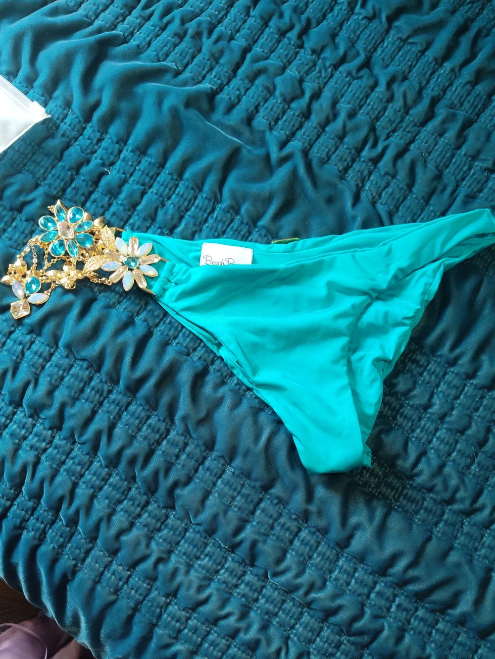 Beach Bunny Teal Bikini Bottom with Gold Jewel Accents